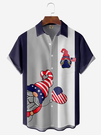 American Flag Gnome Chest Pocket Short Sleeve Bowling Shirt