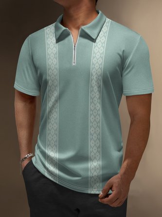 Geometric Zip Short Sleeve Bowling Polo Shirt