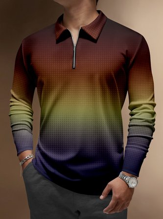 Abstract 3D Geometric Zipper Long Sleeve Casual Polo Shirt