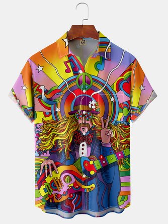 Big Size Hippie Music Chest Pocket Short Sleeve Hawaiian Shirt