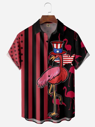 Flamingo American Flag Chest Pocket Short Sleeve Casual Shirt