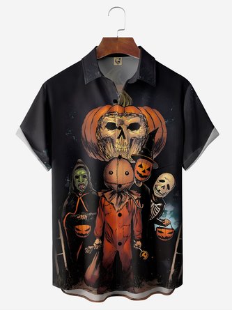 Halloween Pumpkin Chest Pocket Short Sleeve Shirt | hawalili