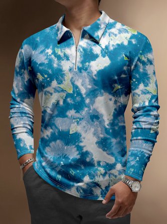 Abstract Gradient Color Zipper Long Sleeve Casual Polo Shirt