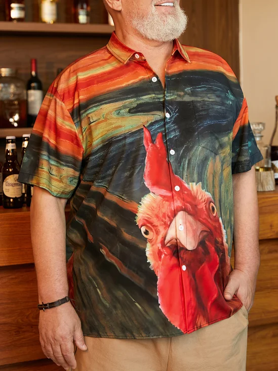 Big Size Fun Rooster Chest Pocket Short Sleeve Casual Shirt