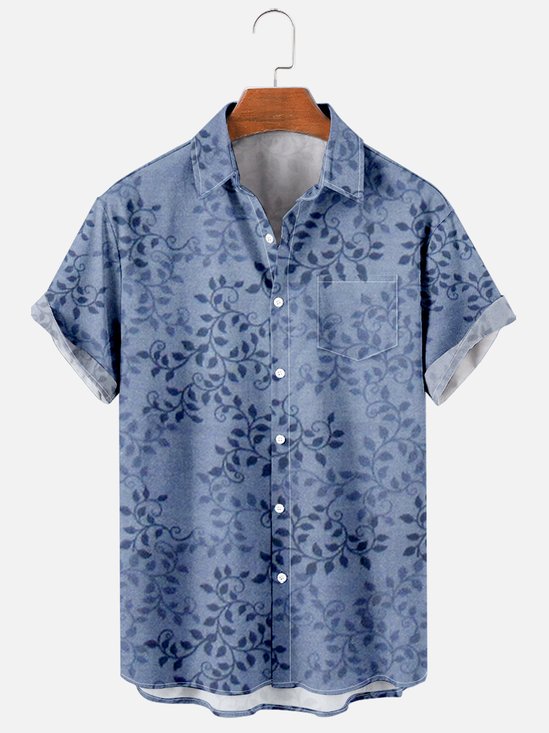 Mens Retro Leaves Print Casual Breathable Chest Pocket Short Sleeve Hawaiian Shirts