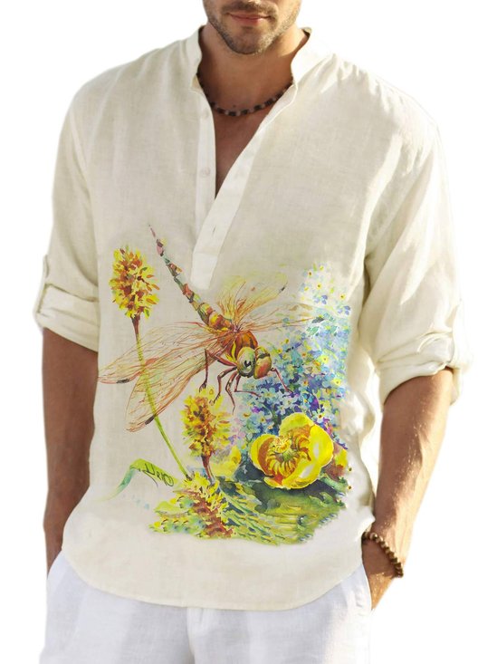 Retro Casual Shirt With Dragonfly Print Among Flowers