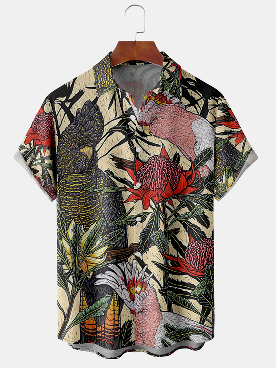 Men's Parrot Floral Print Casual Fabric Fashion Pocket Hawaiian Lapel Short Sleeve Shirt