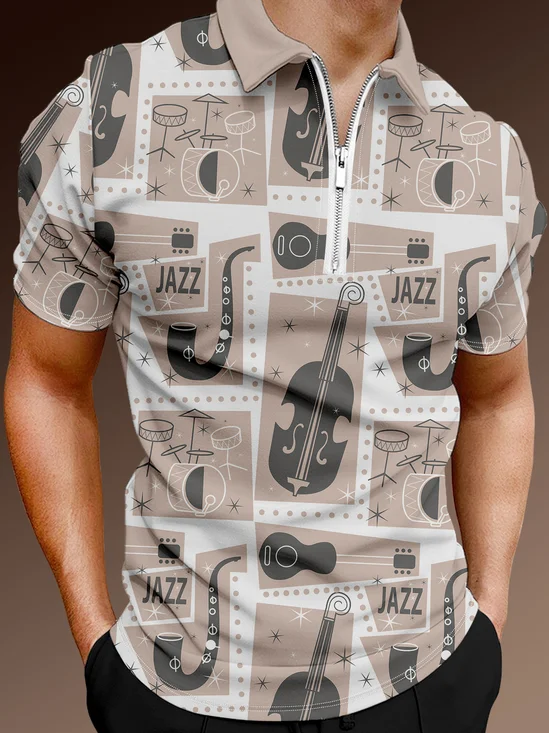 Casual Music Collection Geometric Striped Musical Instrument Pattern Lapel Short Sleeve Polo Print Top