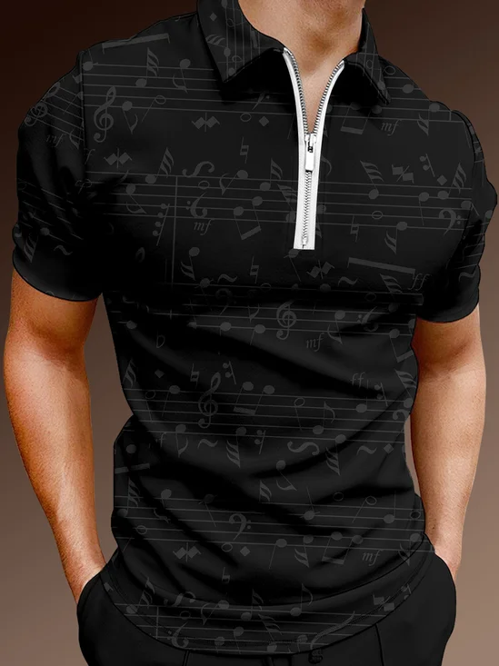 Casual Style Music Series Geometric Striped Note Lepu Element Pattern Lapel Short-Sleeved Polo Print Top