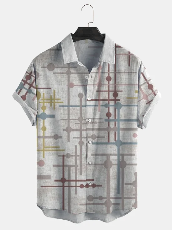 Cotton Linen Geometric Print Casual Short Sleeve Shirt