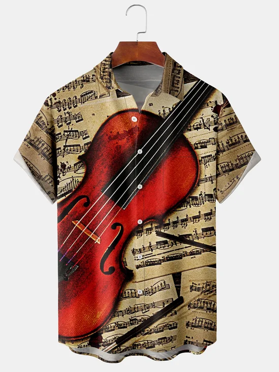 Men's Retro Music Print Casual Breathable Hawaiian Short Sleeve Shirt