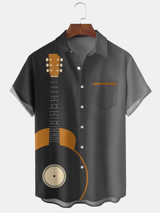 Men's Musical Guitar Element Graphic Print Short Sleeve Shirt