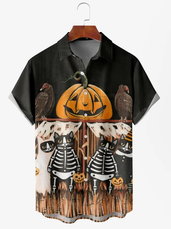 Men's Halloween Print Anti-Wrinkle Moisture Wicking Fabric Fashion Hawaiian Lapel Short Sleeve Shirts