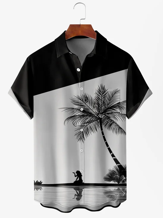 Men's Ocean Coconut Print Anti-Wrinkle Moisture Wicking Fabric Fashion Hawaiian Lapel Short Sleeve Shirts