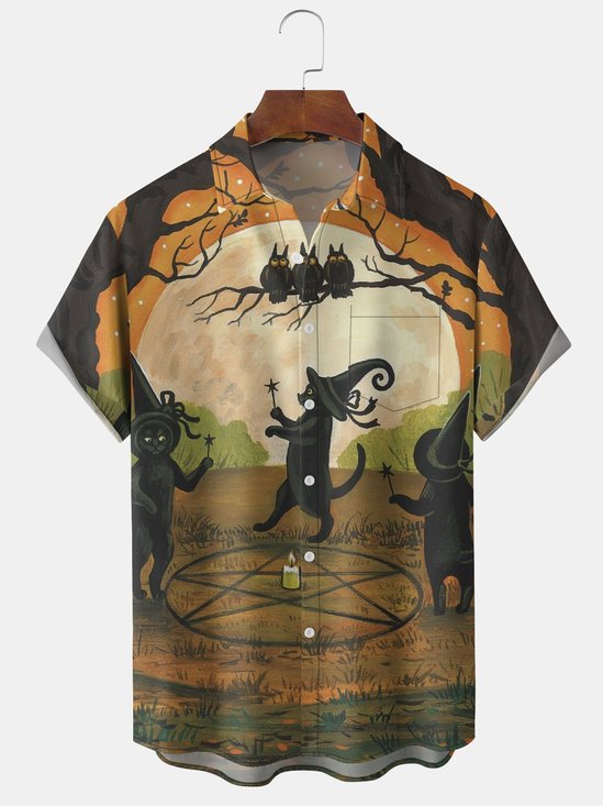 Men's Halloween Print Short Sleeve Hawaiian Shirt with Chest Pocket