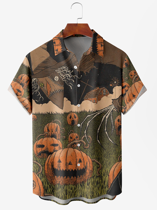 Men's Halloween Pumpkin Print Moisture Wicking Fabric Fashion Lapel Short Sleeve Shirts