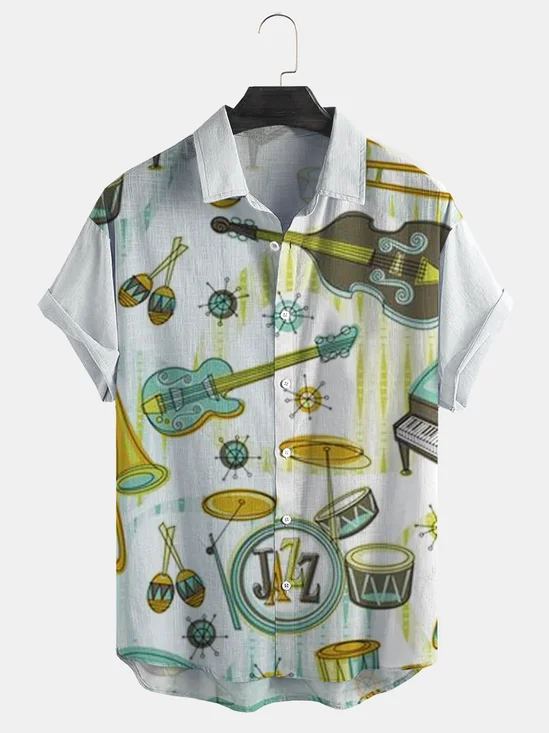 Cotton Linen Music Print Casual Short Sleeve Shirt