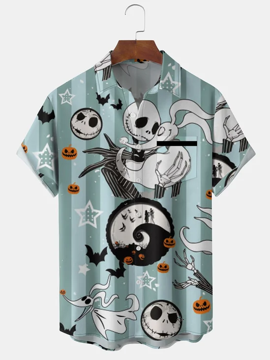 Mens Halloween Print Front Buttons Soft Breathable Chest Pocket Casual Hawaiian Shirts