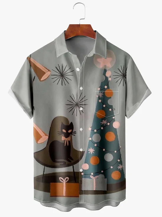 Men's Cat Print Fashion Lapel Short Sleeve Hawaiian Shirt