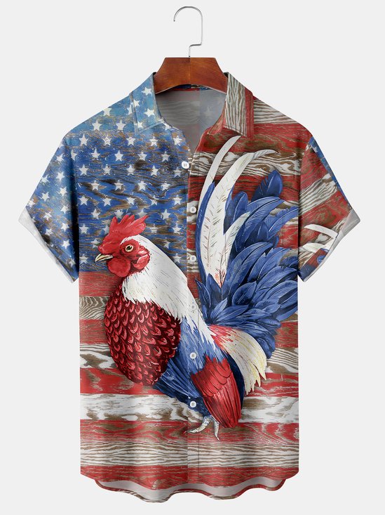 Men's Flag and Rooster Print Casual Breathable Hawaiian Short Sleeve Shirt