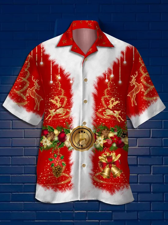 Mens Christmas Print Casual Hawaiian Short Sleeve Shirt