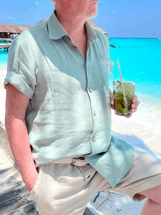 Cotton And Linen Chest Pocket Short Sleeve Shirt