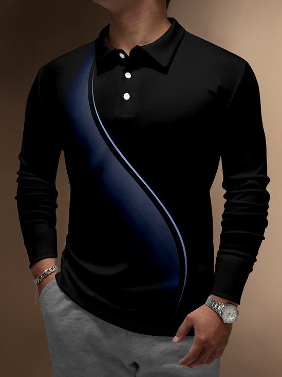 3D Gradient Striped Buttons Long Sleeve Polo