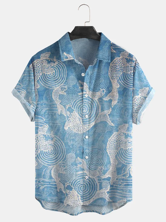 Ukiyoe Cloud Pattern Carp Print Short Sleeve Casual Shirt