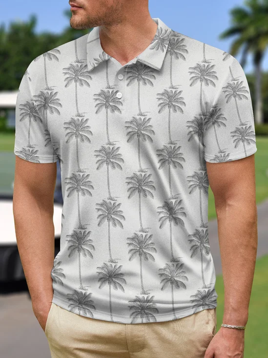Coconut Tree Button Short Sleeve Polo Shirt