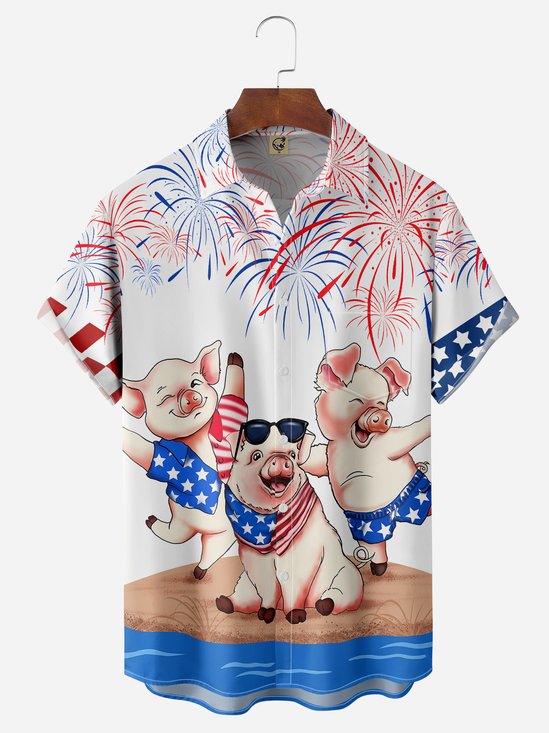 American Flag Pigs Chest Pocket Short Sleeve Casual Shirt