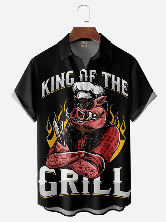 Grill Pig Chest Pocket Short Sleeve Casual Shirt