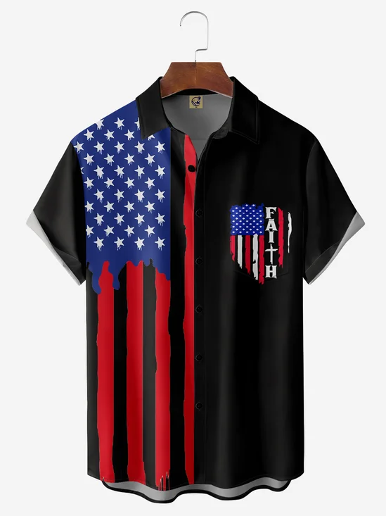 American Flag Faith Chest Pocket Short Sleeve Casual Shirt