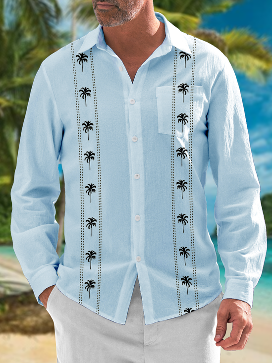 Striped Coconut Tree Long Sleeves Casual Guayabera Shirt