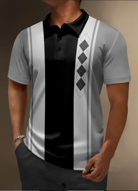 Geometric Button Short Sleeve Bowling Polo Shirt