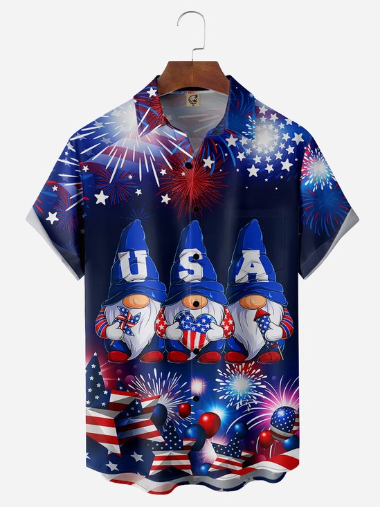 Veteran's Day American Flag Gnome Chest Pocket Short Sleeve Casual Shirt
