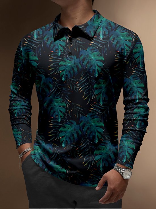 Ombre Tropical Leaves Button Long Sleeve Vacation Polo Shirt