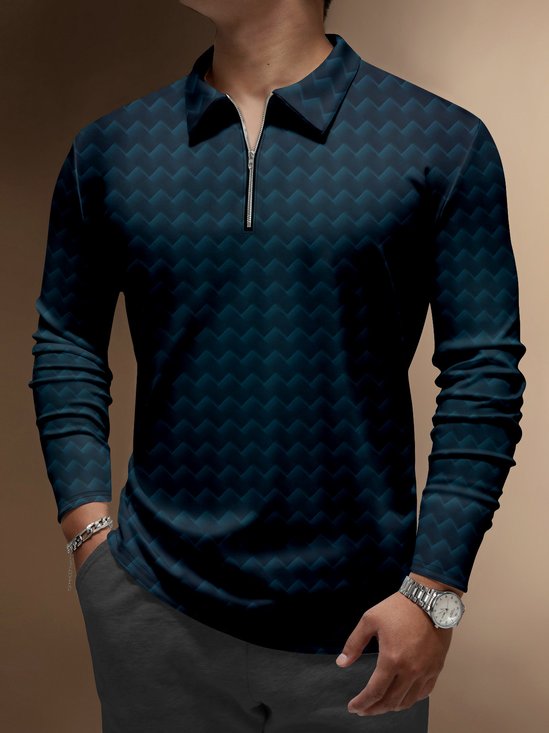 Abstract Geometric Zipper Long Sleeve Casual Polo Shirt