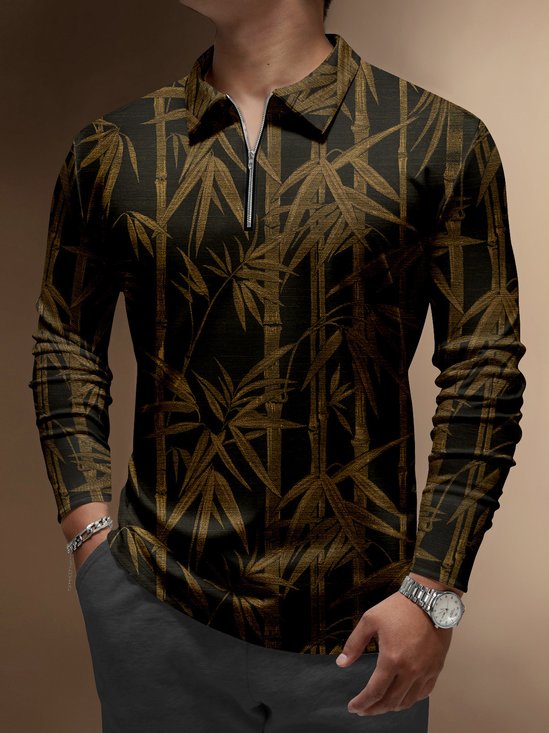 Japanese Culture Black Gold Bamboo Zipper Long Sleeves Casual Polo Shirt