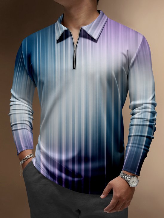 Gradient Stripes Zipper Long Sleeves Casual Polo Shirt