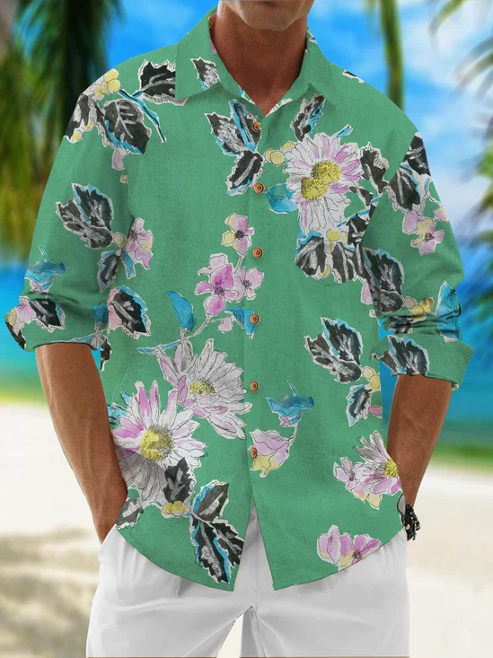 Floral Chest Pockets Long Sleeve Resort Shirt