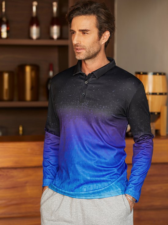 Gradient Color Button Long Sleeve Casual Polo Shirt