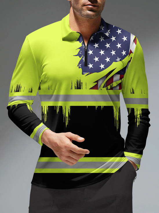 USA Flag Uniform Long Sleeve Casual Polo Shirt