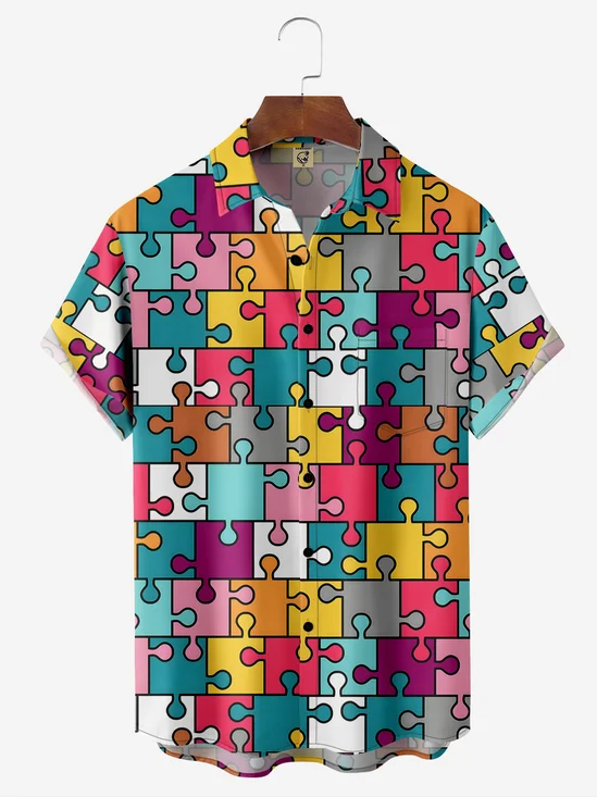 Geometric Puzzle Chest Pocket Short Sleeve Casual Shirt