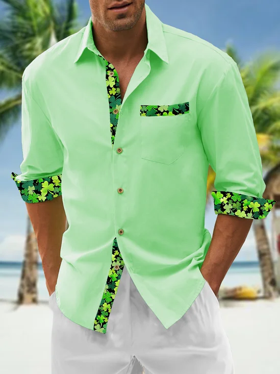 Cotton St Patricks Day Clover Chest Pocket Long Sleeve Casual Shirt