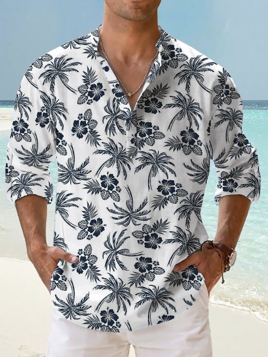 Breathable Palm Hibiscus Floral Rolled-up Sleeves Henley Shirt