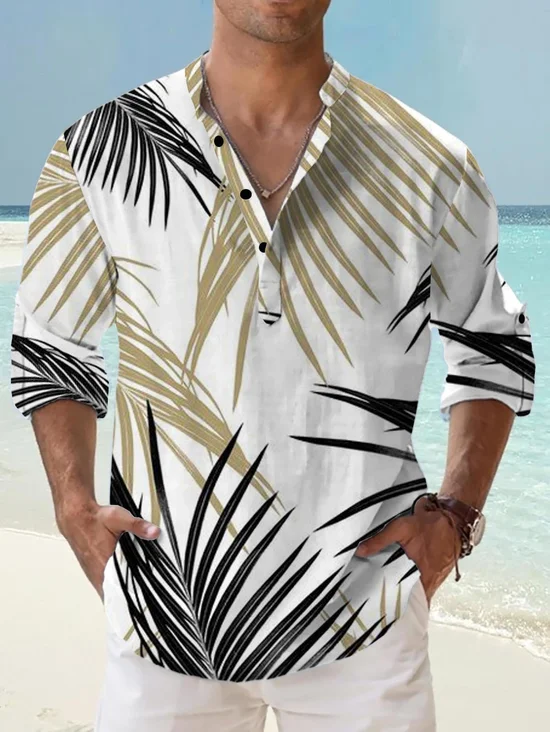 Breathable Palm Tree Rolled-up Sleeves Henley Shirt