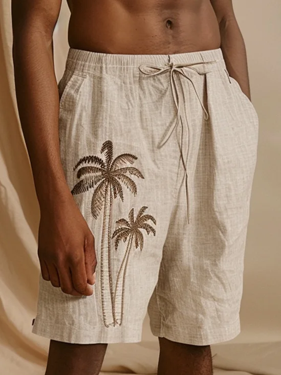 Cotton Plain Embroidered Coconut Tree Bermuda Shorts