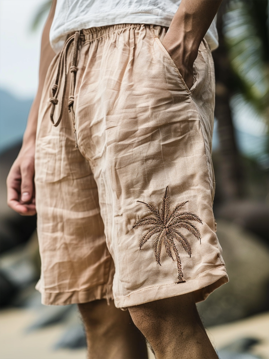 Cotton Plain Embroidered Coconut Tree Bermuda Shorts