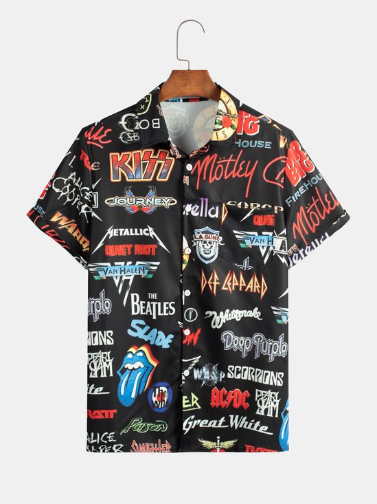 Mens Rock and Roll Punk Short Sleeve Shirt Pocket Lapel Casual Hawaiian Loose Print Top
