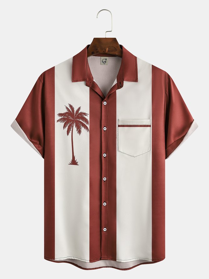 Mens Retro Coconut Tree Print Short Sleeve Shirt Lapel Loose Chest Pocket Bowling Shirt